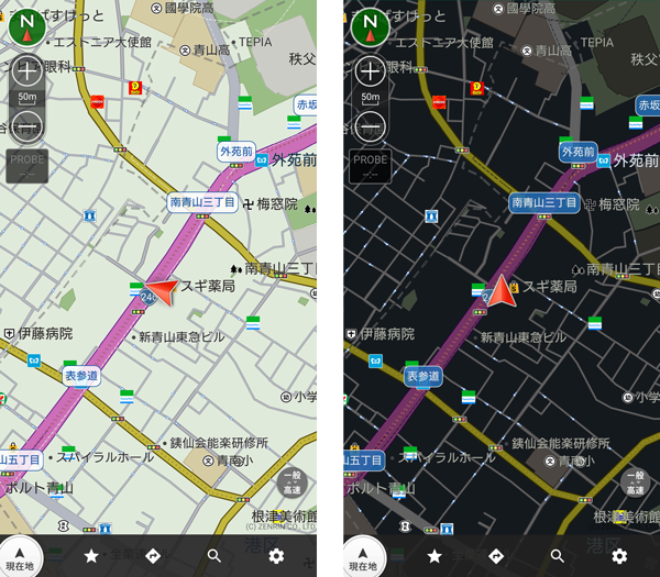 カーナビの地図画面（昼と夜の表示）