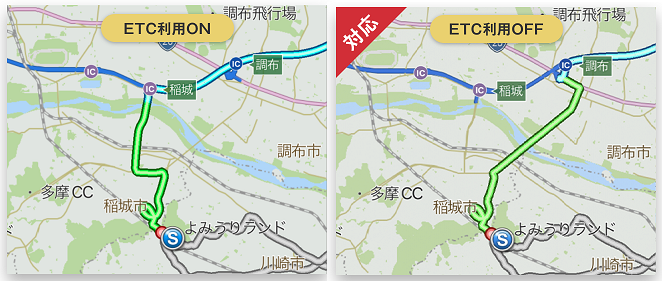 ETC専用料金所利用可否設定によるルートの差