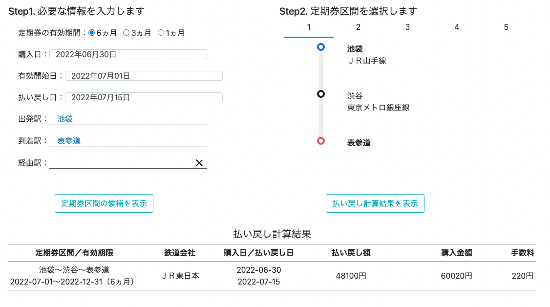 定期券払い戻し計算のイメージ